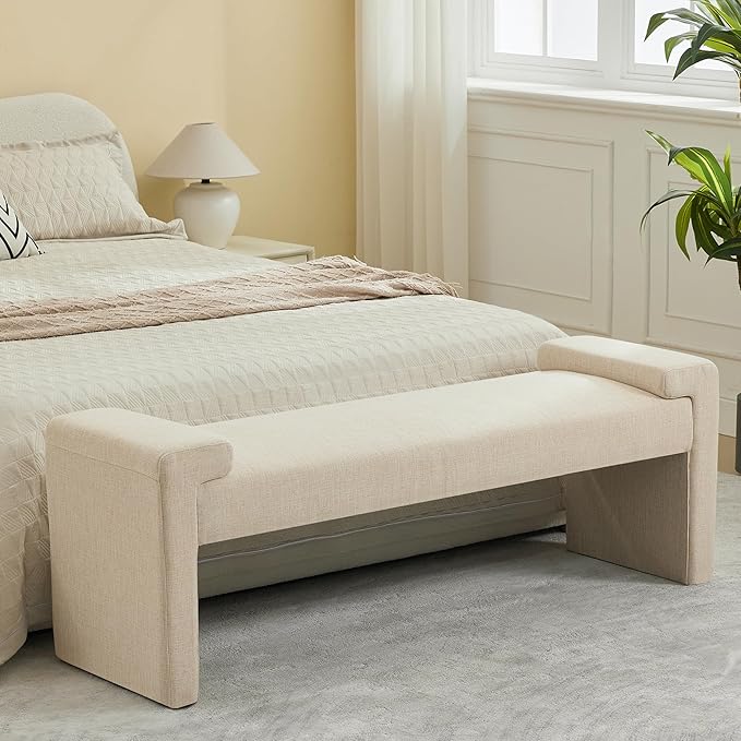 58.7" Linen End of Bed Bench Upholstered Modern Bedroom Bench for Living Room & Entryway, Easy Assembly, Footrest Ottoman Accent Window Bench with Solid Wood Frame & Curved Arm, Tan