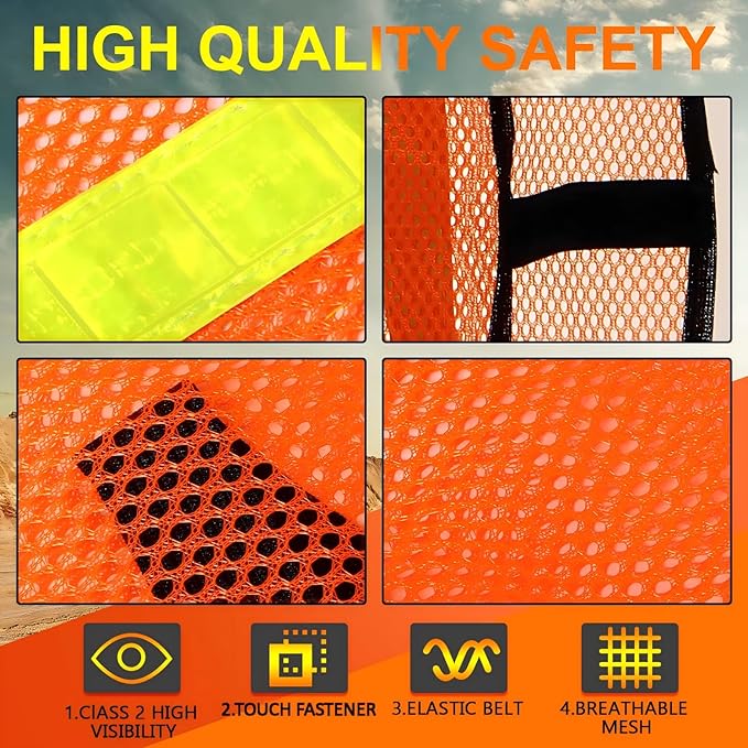 Haysandy 50 Pcs High Visibility Reflective Safety Vest Construction Vest Strips Neon Mesh Universal Size for Men Outdoor (Neon Orange)