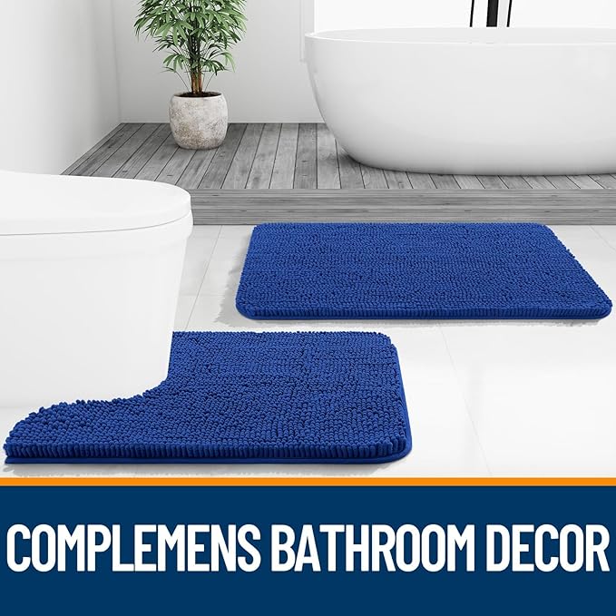 OLANLY Bathroom Rugs Sets 3 Piece, Soft Absorbent Chenille Bath Mats and U-Shaped Contour Toilet Rug, Quick Dry, Home Decor Accessories, Bath Mat Set for Bathroom (47"x20"+24"x16"+24"x20", Royal Blue)