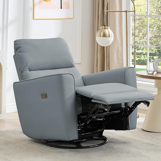 Power Recliner Chair Swivel Glider Faux Leather Upholstered Nursery Rocker Reclining Sofa Chair with Charging Port, Curved Armrests & Padded Backrest for Living Room and Bedroom (Power Gray)