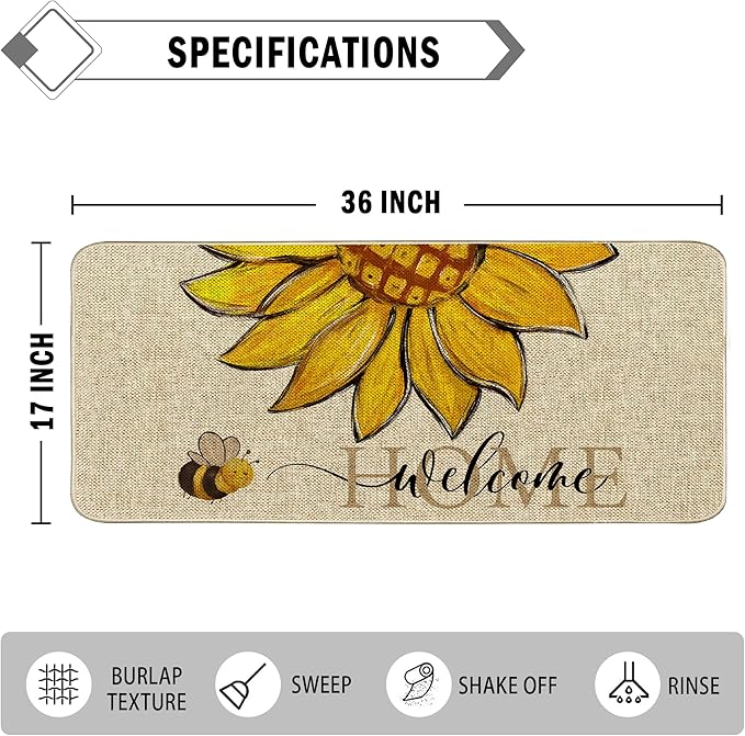Sunflower Welcome Doormat 17"x36", Non Slip Door Mat Indoor Entrance, Hello Indoor Front Door mat, Spring Summer Outdoor Entrance Mat, Low Profile Design Patio Porch Entryway Mats