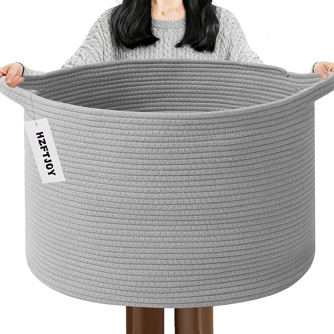 Large Storage Basket with Handle,19.7" L x 19.7" W x 13" H Blanket Basket Storage Bins for Organizing,65L Cotton Rope Woven Baskets for Living Room, Nursery ,Bedroom,Light Gry