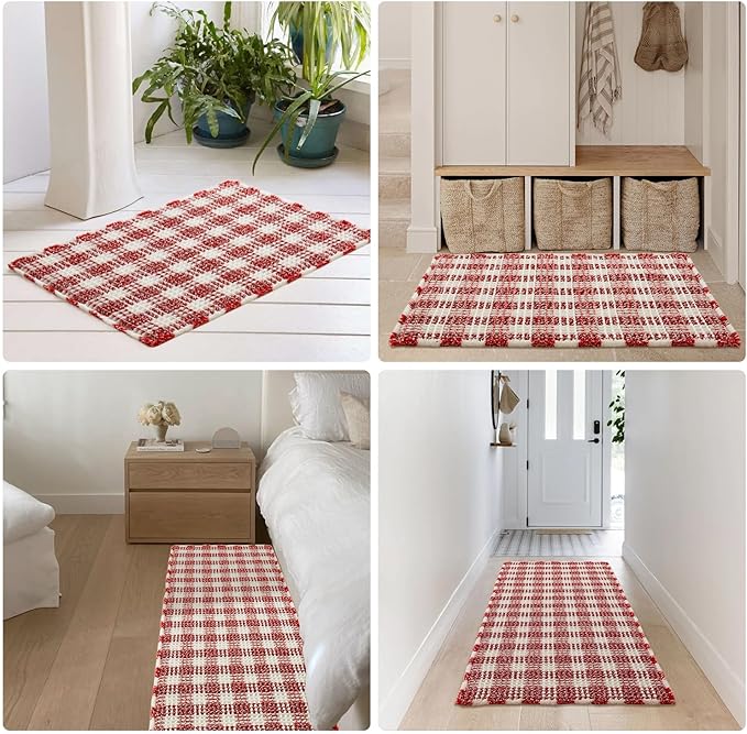 Waffle Runner Rug Bathroom, Long Boho Christmas Bathroom Rugs Non Slip Washable Absorbent Checkered Bathroom Mat Quick Dry Cute Bath Mat, 60"x24" Red and White