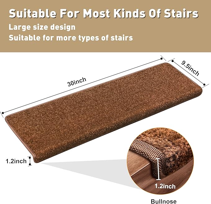 PURE ERA Bullnose Carpet Stair Treads Set Tape Free Non-Slip Indoor Stair Protectors Pet Friendly Rugs Covers Soft Skid Resistant Washable Reusable 9.5" x 30"(14 Pieces,Brown)