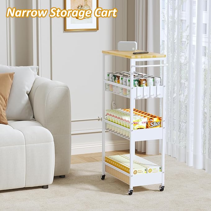 Slim Rolling Storage Cart, 4 Tier Metal Narrow Utility Cart with Handle and Wood Top, Multifunctional Small Mobile Shelf Unit Organizer Trolley for Laundry, Bathroom, Kitchen