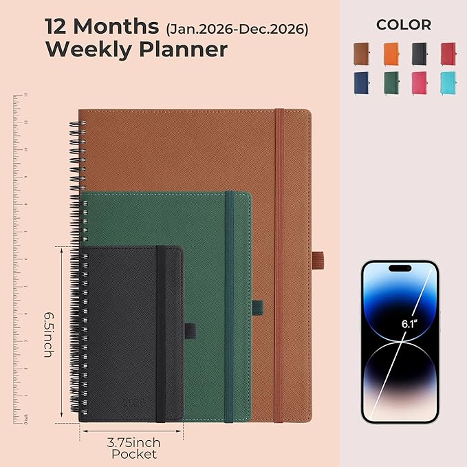 Planner 2026 Daily Weekly and Monthly,6.5"x3.75",12 Months Spiral Bound Calendar Agenda with Self-adhesive Pen Holder,2026 Appointment Book with Vegan Leather Soft Cover,Green