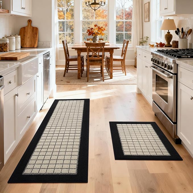 Kitchen Mats for Floor 17"x30", Non-Slip Washable Kitchen Rugs, Absorbent and Stain Resistant Kitchen Rug, Durable Comfortable Rugs for Kitchen, Hallway, Laundry & Sink, Black
