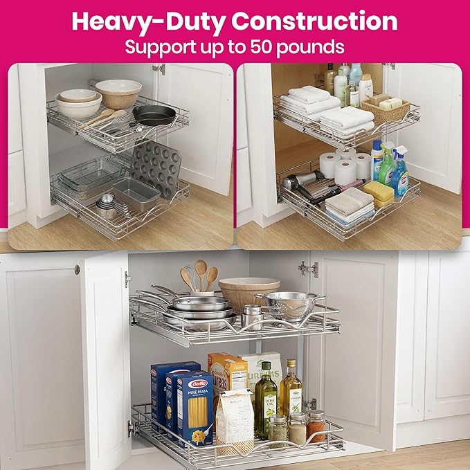 HOLDN’ STORAGE Two Tier Pull Out Cabinet Organizer, Individual Sliding Drawers - Heavy Duty Metal with Lifetime Limited Warranty - Anti Rust Chrome Finish - 28" W x 21”D x 16.5" H