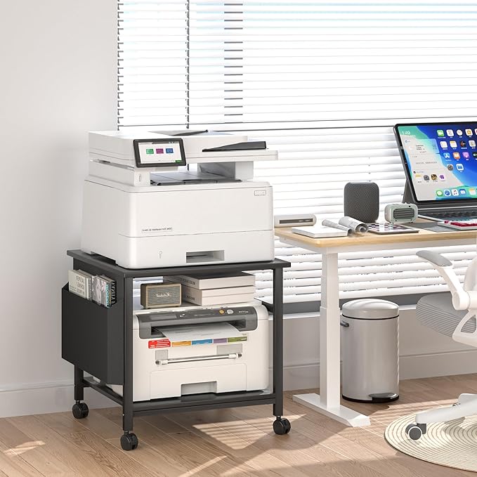 Large Printer Stand, 23.6 x 23.6 Inches Square Printer Stand with Storage Shelf, 2 Tier Printer Table for Home Office, Rolling Printer Cart with Lockable Wheels, Mobile Mini Fridge Stand Table, Black