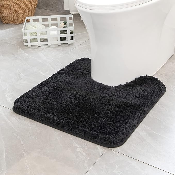 MIULEE Microfiber Toilet Bath Mat U-Shaped Contour Shaggy Bathroom Rugs Non Slip Extra Thick Soft Bath Rug Absorbent Water for Bathroom Commode Machine Washable(24x24 Inch, Black)