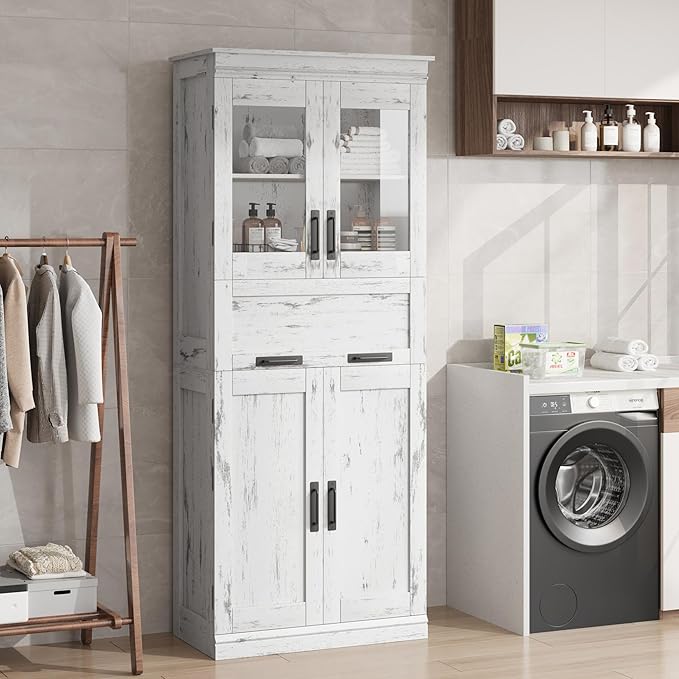 GarveeHome 67" Tall Bathroom Cabinet with 4 Doors & Flip Glass Drawer, Storage Cabinet with Adjustable Shelves, Freestanding Organizer for Kitchen, Living Room (Ivory)