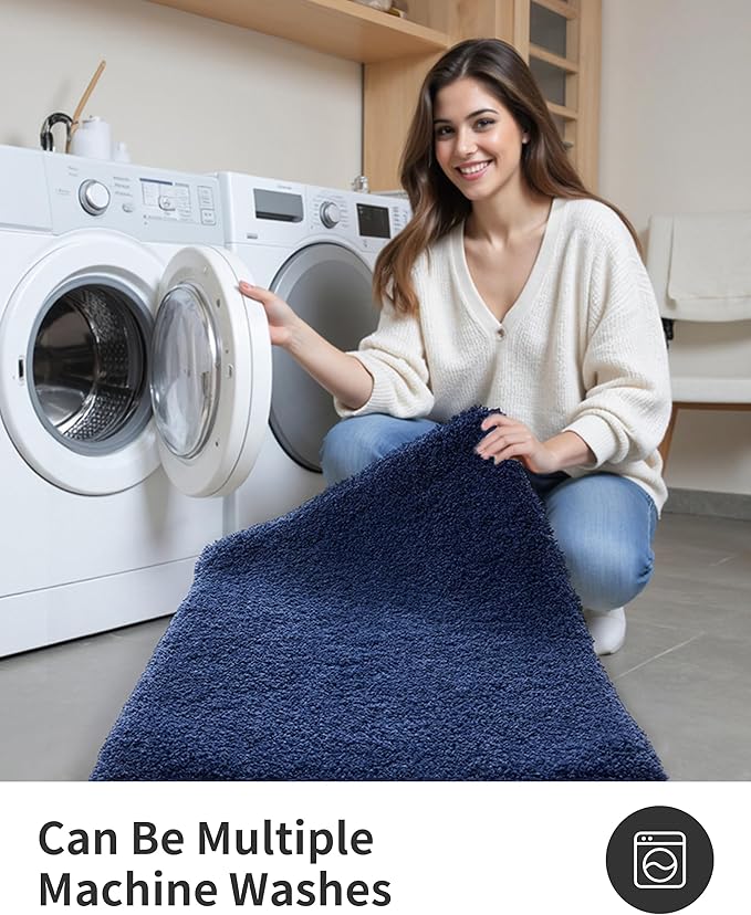 ILANGO Navy Blue Bathroom Rugs 60" × 24" Non Slip & Super Absorbent Thick Soft, Washable Bath Carpet Runner for Floor, Microfiber Plush Shaggy Bath Mats with Rubber for Bedroom Bathtub Shower Room