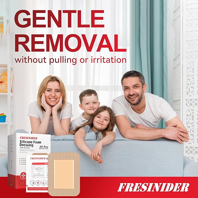 FRESINIDER Silicone Foam Dressing 3" x 4", 25 Pack – Value Pack Silicone Border Dressing for Pressure Sores, Post-Op Wounds & Daily Care – Breathable, Absorbent & Gentle on Skin