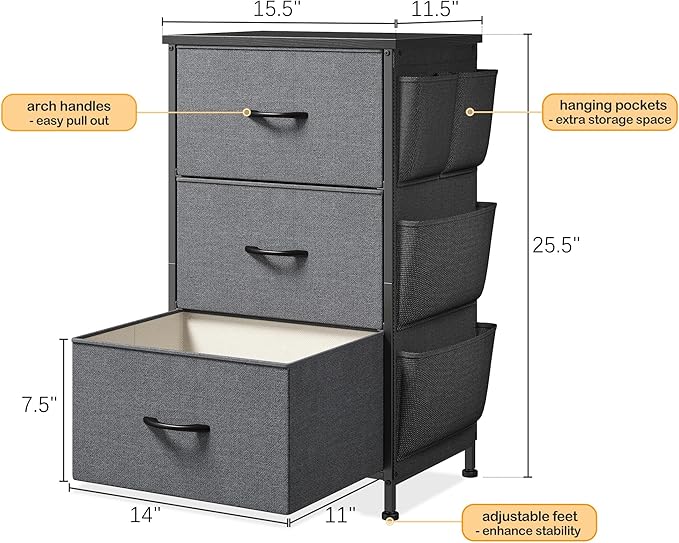 Night Stand Set 2, Night Stand with Drawers for Bedroom, Bedside Table with Wooden Top, Sturdy Steel Frame End Table, Dorm Nightstand for Bedroom, Entryway, Hallway, Closet, Cloth Bags, Hooks, Grey