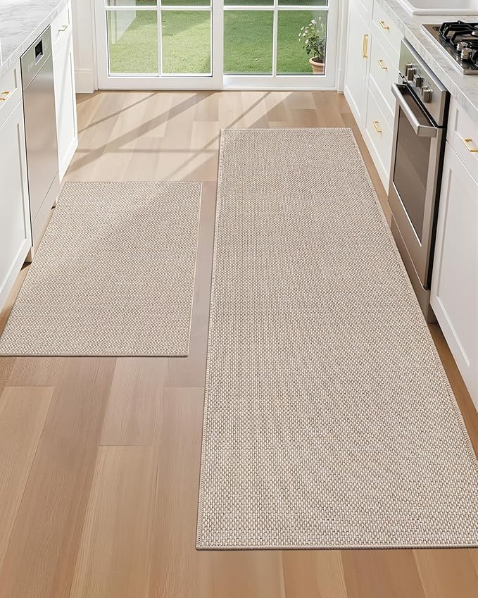 Color&Geometry Washable Kitchen Floor Mats Set,Extra Long Absorbent Non Slip Kitchen Runner Rug for Front Sink, Laundry, Hallway, 24"x36"+24"x72", Beige