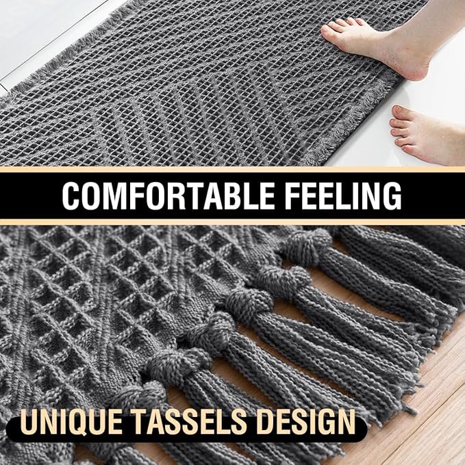 H.VERSAILTEX Waffle Bath Mat Super Absorbent Boho Bath Mat Non Slip Bath Rugs for Bathroom Floor Machine Washable Dry Fast Bathroom Rugs with Tassels, 17" x 24", Gray