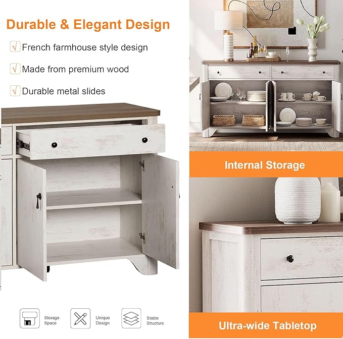 WAMPAT Farmhouse TV Stand with 2 Drawers and Storage Cabinets, Wood Entertainment Center for 65 inch TV, Adjustable Shelves, Entertainment Center TV Console Table for Living Room, Bedroom, 59'', White