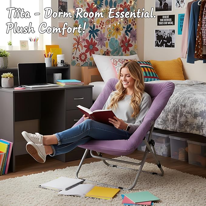 Tiita Comfy Folded Chair, Soft Faux Fur Oversized Folding Accent Chair, Lounge Lazy Chair for Kids Teens Adults, Metal Frame Moon Chair for Bedroom, Living Room, Dorm Rooms
