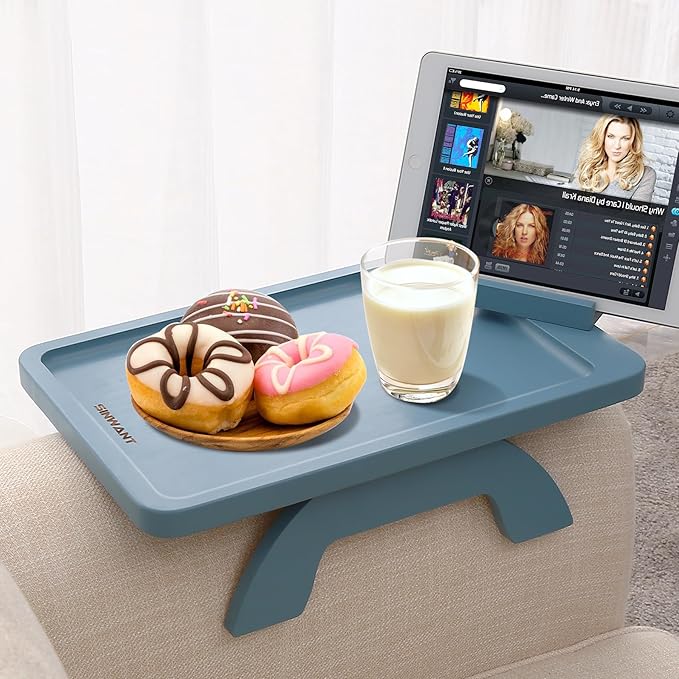 SINWANT Couch Arm Table, Bamboo Sofa Clip on Tray Tables,Sofa Armrest Tray with 360° Phone Holder,Couch Armrest Table for Eating and Drinking