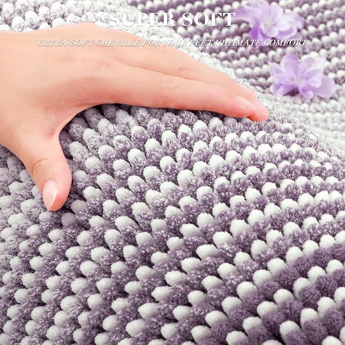 BSICPRO Bathroom Rugs Sets 3 Piece, Toilet Rugs U-Shaped Contour Bath Mat Set, Long Striped Absorbent Non Slip Chenille Shower Mat, Lavender Purple