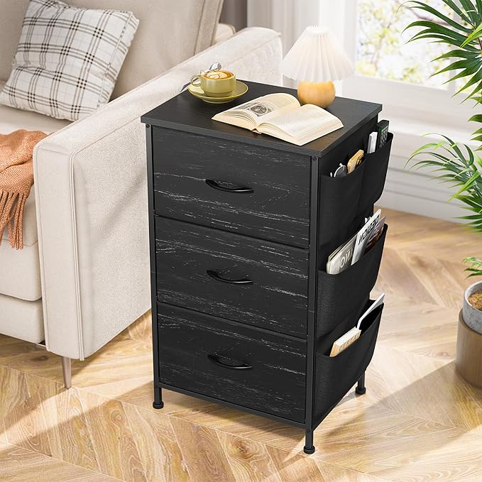 EnHomee Tall Nightstand, Night Stand with Drawers for Bedroom, Bedside Table with Wooden Top, Sturdy Steel Frame End Table, Dorm Nightstand for Bedroom, Entryway, Hallway, Closet, Cloth Bags,Black