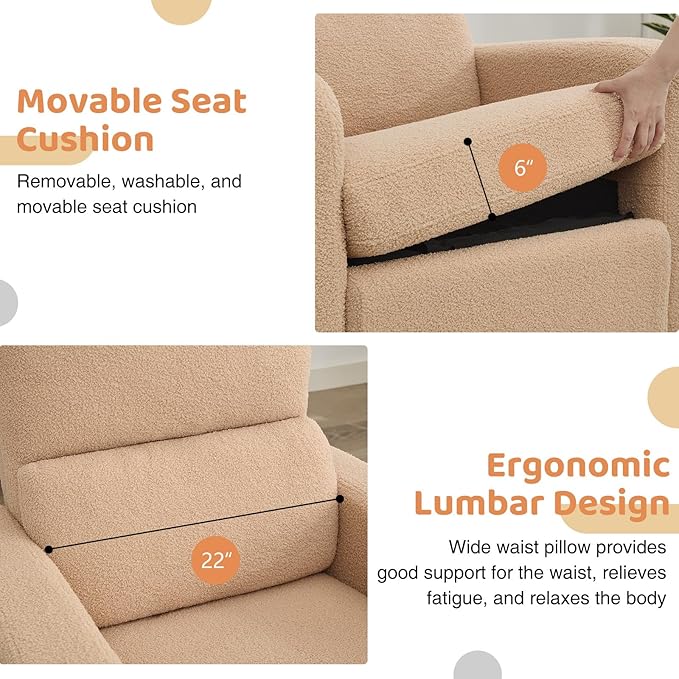 Swivel Rocker Recliner, Oversized Manual Boucle Nursery Glider Rocking Recliner Chair with Removable Cushion, Upholstered Swivel Reclining Chair for Nursery Living Room Bedroom,Teddy Camel