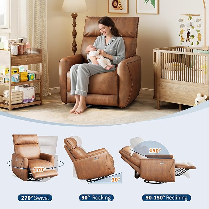 Power Recliner Chair, 270° Swivel Glider with USB Charging Port, Large PU Leather Seat, Wide 22.4", Ergonomic High Back for Living Room, Nursery (Power Walnut)