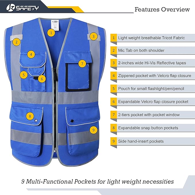 JKSafety 9 Pockets Class 2 High Visibility Zipper Front Safety Vest With Reflective Strips,Meets ANSI/ISEA Standard (5X-Large, 150-Blue)