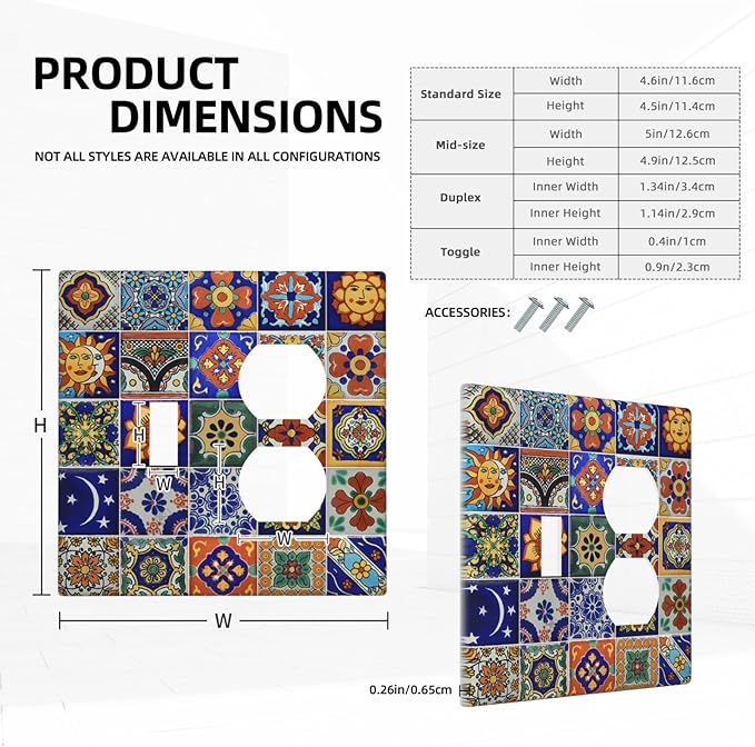 Wallplates Mid Century Talavera Shaped Tiles 1 Toggle 1 Duplex Switch Plate Electrical GFCI Faceplate Decorative Light Switch Covers for Bedroom Bathroom Decor