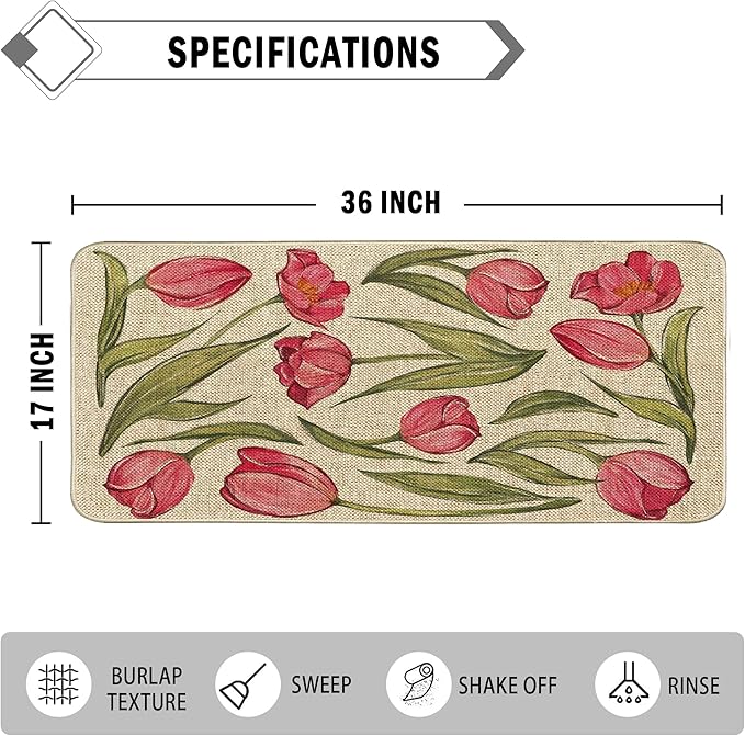 Welcome Spring Door Mat Tulip Flowers Floral Doormat Indoor Outdoor Entrance Outdoor Rug Low-Profile Floor Rug Non Slip Spring Summer Decor Rubber Mats for Home Decoration 17x36Inch