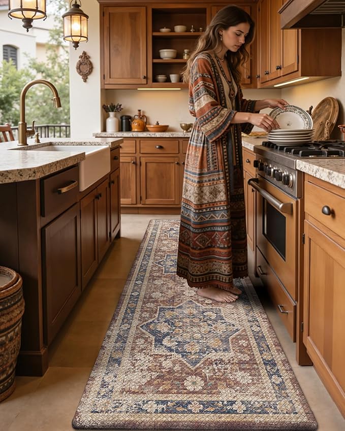 DEXI Kitchen Floor Mats Anti Fatigue, 23x59 Large Cushioned Vintage Runner Rug Waterproof, Standing Comfort Memory Foam Padded for Front Sink Laundry Office, Reddish Brown
