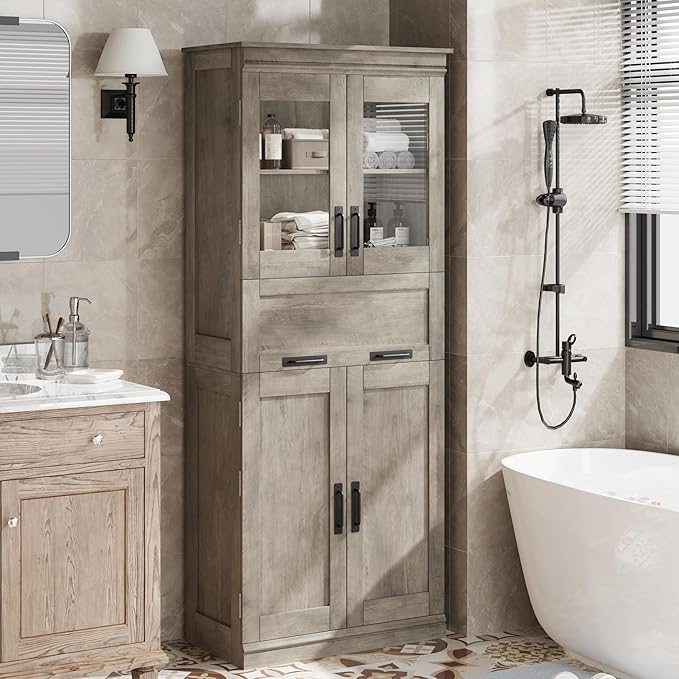 GarveeHome 67" Tall Bathroom Cabinet with 4 Doors & Flip Glass Drawer, Storage Cabinet with Adjustable Shelves, Freestanding Organizer for Kitchen, Living Room (Oak)