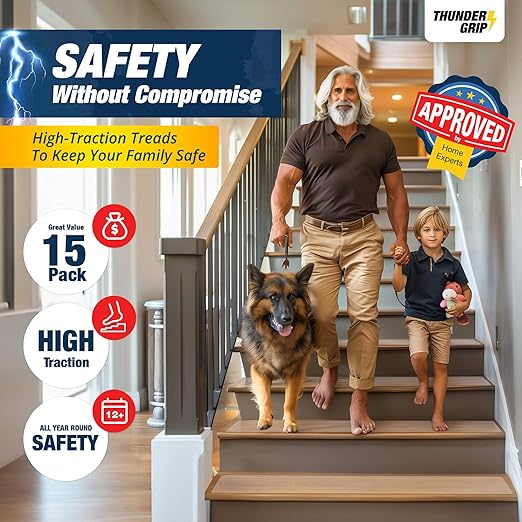 Clear Stair Treads Non-Slip 30"x8" - 15-Pack Indoor Stair Grips Non Slip for Wooden Steps - Anti Slip Adhesive Strips for Dogs & Elderly - Staircase Step Treads - Transparent Treads for Wood Stairs