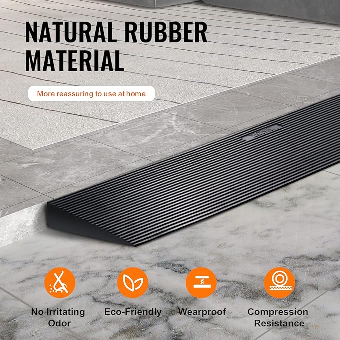VEVOR 1.2" Rise Cuttable Threshold Ramp for Doorways, 35.4" Wide Natural Rubber Wheelchair Ramp, Non-Slip Solid Rubber Ramp with Double-Sided Tape for Doorways, Driveways, Bathroom, Smooth Tile