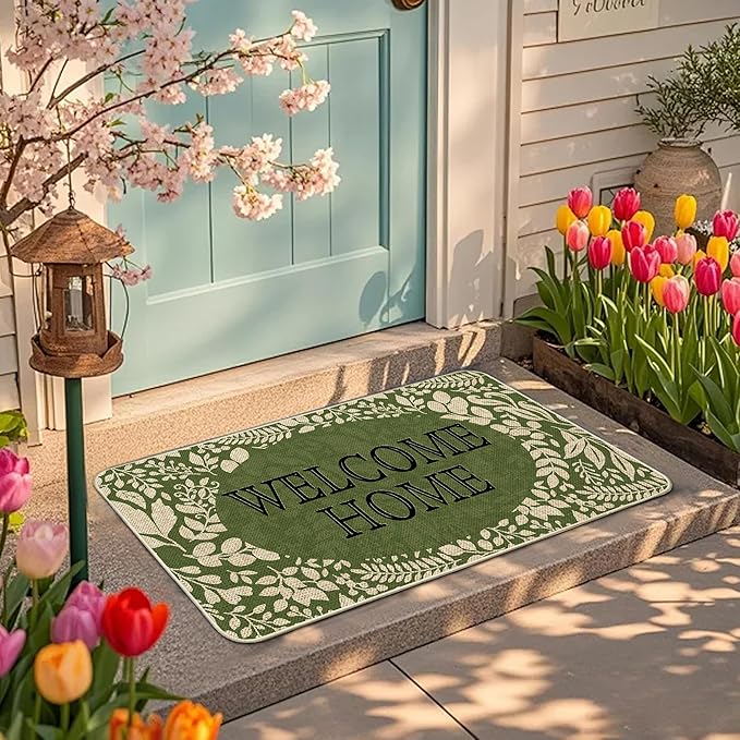 Welcome Spring Door Mat Green Leaves Doormat Indoor Outdoor Entrance Summer Decor Outdoor Rug Low-Profile Floor Rug Non Slip Spring Summer Decor Rubber Mats for Home Decoration 17x29Inch