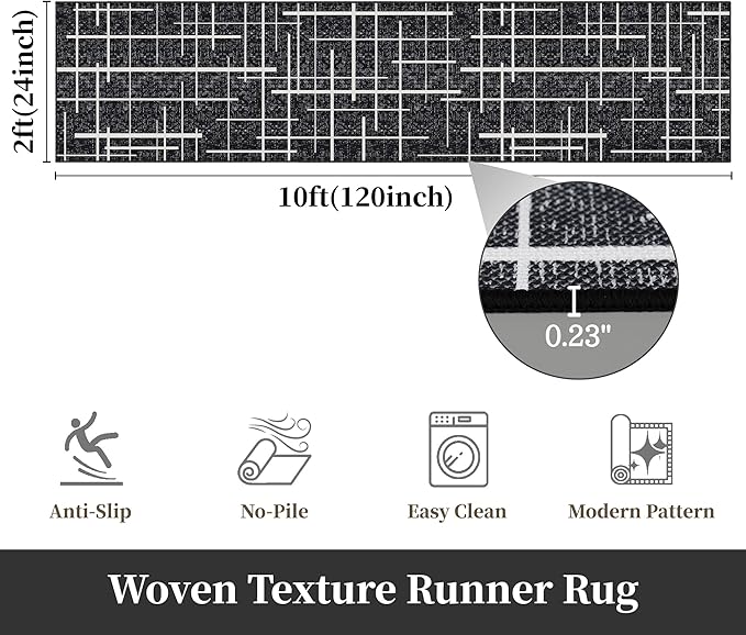 Modern Stripe Hallway Runner Rug Non Slip, Washable 2x10 Runner Rug, Woven Thin Low Pile Carpet Runners for Hallway 10ft Entryway, Kitchen, Walkway -Midnight Black