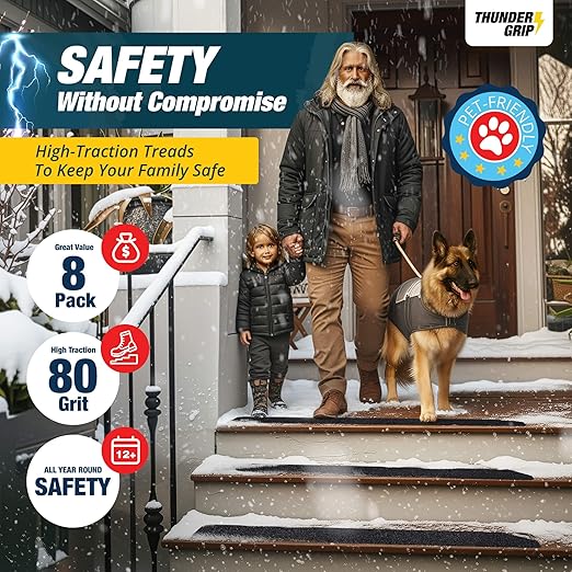 Outdoor Stair Treads Non Slip 24" x 4" - 8-Pack Weather Resistant Exterior Grip Tape for Wooden Steps - Anti Skid Strips - Waterproof 80-Grit Adhesive Treads