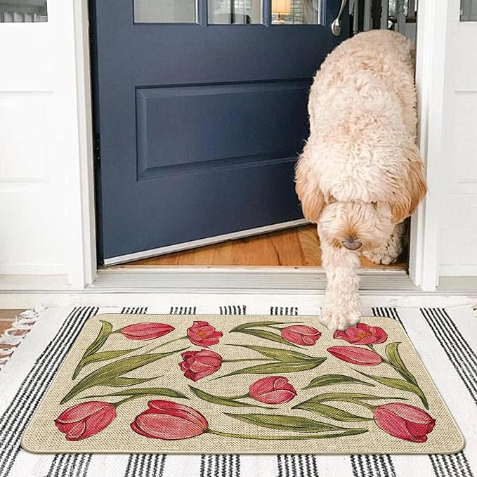 Welcome Spring Door Mat Tulip Flowers Doormat Indoor Outdoor Entrance Summer Decor Outdoor Rug Low-Profile Floor Rug Non Slip Spring Summer Decor Rubber Mats for Home Decoration 17x29Inch