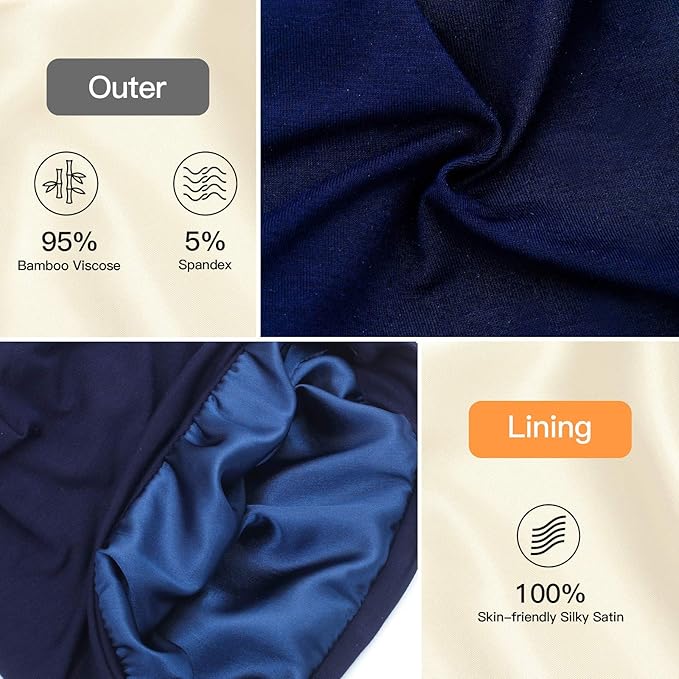 Silk Satin Lined Bonnet Sleep Cap - Adjustable Stay on All Night Hair Wrap Cover Slouchy Beanie for Curly Hair Protection for Women and Men - Solid Navy