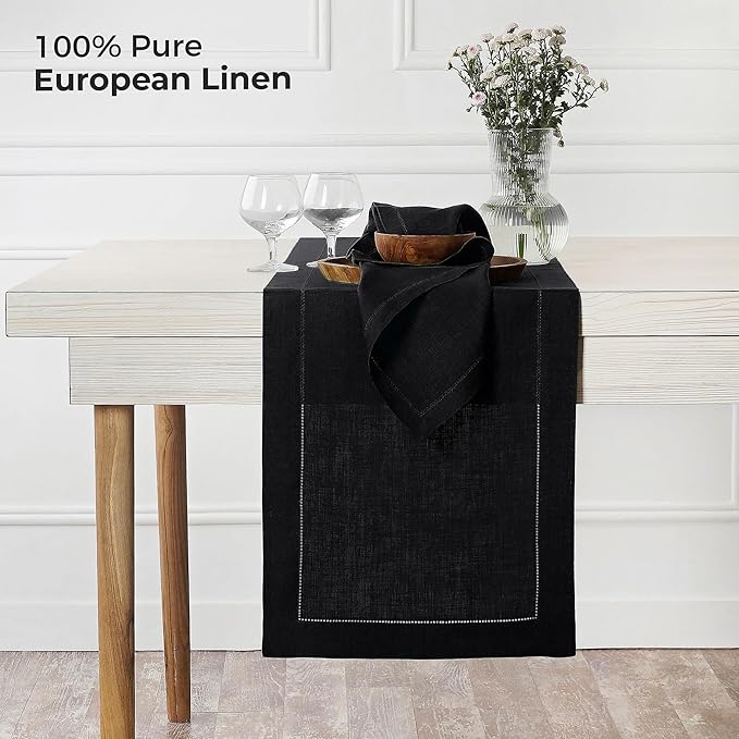 D'Moksha Homes Linen Black Table Runner 48 Inches - Classic Hemstitch, 100% Pure Linen Coffee Table Runner 14 x 48 Inch Ideal for Dresser Tables - Spring, Easter