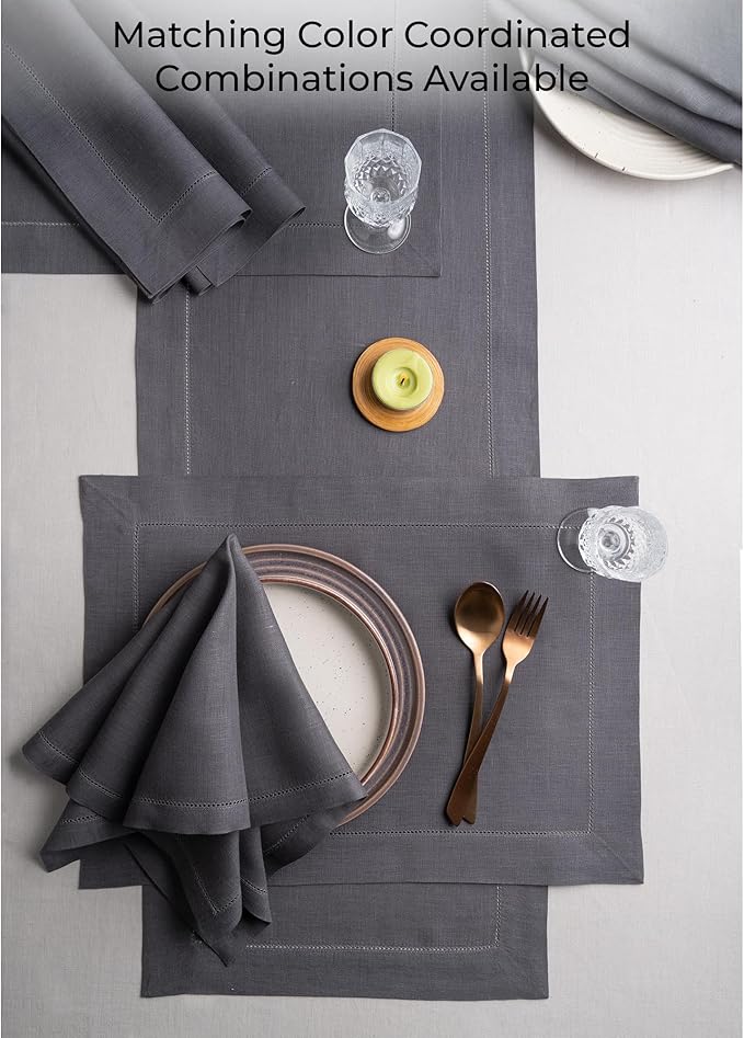 D'Moksha Homes Linen Charcoal Grey Table Runner 72 Inches Long - 100% Pure Linen Hemstitch Table Runner 14 x 72 Inch for Dresser, Dining, Spring, Easter - Classic Hemstitch