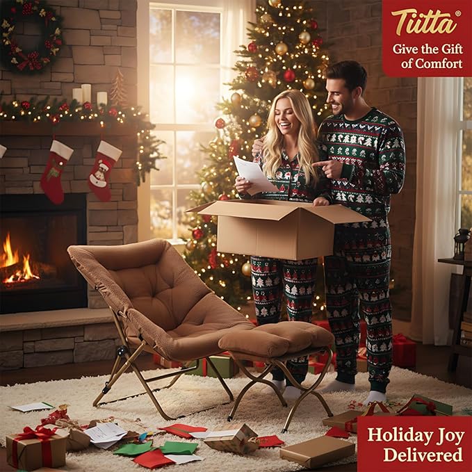 Tiita FoldedChair with Ottoman, Soft Faux Fur Oversized Folding Accent Chair,Lounge Lazy Chair, Metal Frame Moon Chair for Bedroom, Living Room, Dorm Rooms, Garden and Courtyard