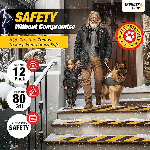 Black and Yellow Non Slip Strips for Steps 30" x 8" 12-Pack Outdoor Stair Treads - Waterproof Anti Slip Grip Tape for Safety Walk - Strong Adhesive Caution Tape for Floor and Ramps by Thunder Grip
