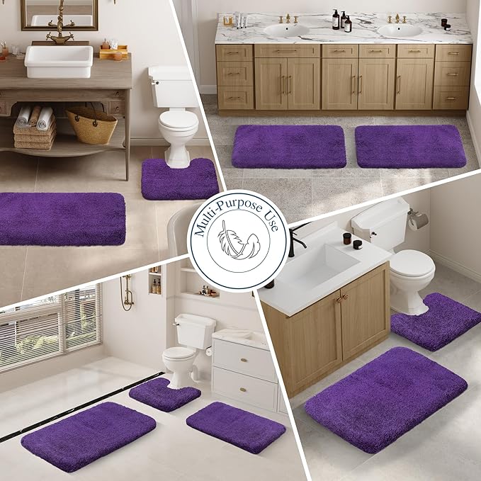 Walensee Contour Rug (20x24, Dark Purple) Non Slip Bath Mat for Bathroom - Water Absorbent Soft Microfiber Shaggy Mat Machine Washable U Shape Toilet Rug