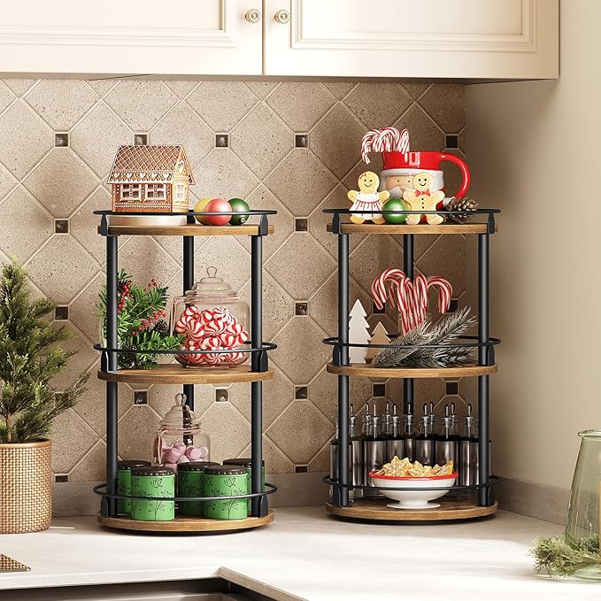 Spice Rack, Set of 2 Lazy Susan Organizer, 3-Tier Turntable Organizer For Cabinet, Compact and Versatile, for Kitchen Countertop, Rustic Brown SR23L2BR