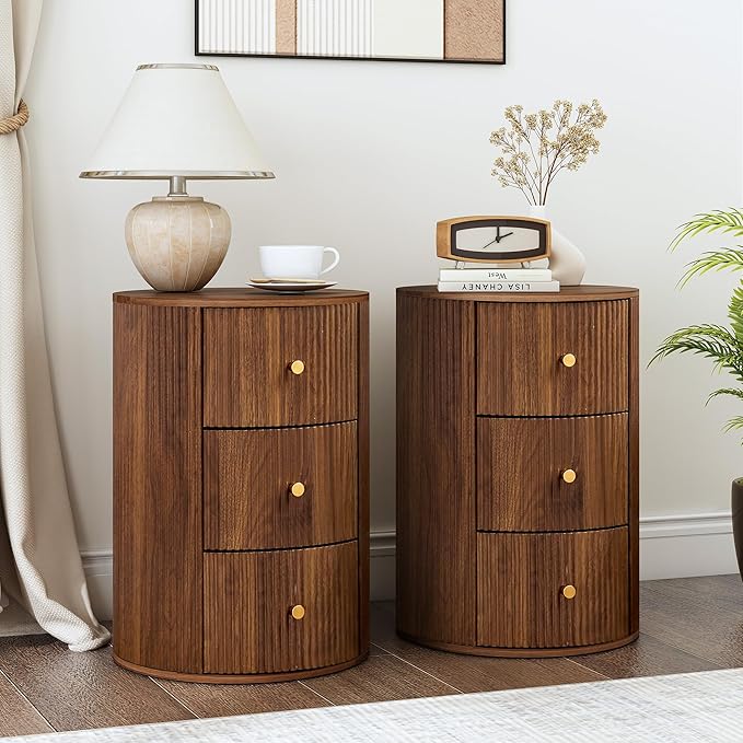 End Table with Charging Station for Couch,Mid-Century Modern Narrow Sofa Side Table with Drawer for Living Room,Small Bed Side Table for Bedroom (Walnut-Round, 1 PC)