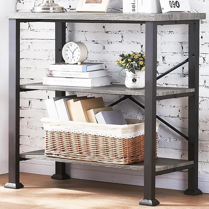 HOMBAZAAR 3 Tier Bookshelf,Grey Industrial Book Shelf,Engineered Wood and Metal Deep Bookshelves,Low Shelf Bookcase for Living Room,Office,Bedroom and Kitchen
