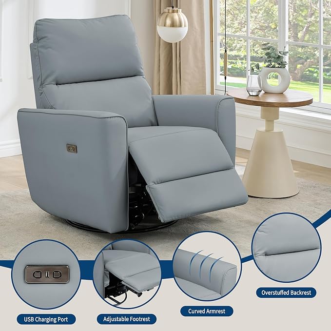 Power Recliner Chair Swivel Glider Faux Leather Upholstered Nursery Rocker Reclining Sofa Chair with Charging Port, Curved Armrests & Padded Backrest for Living Room and Bedroom (Power Gray)