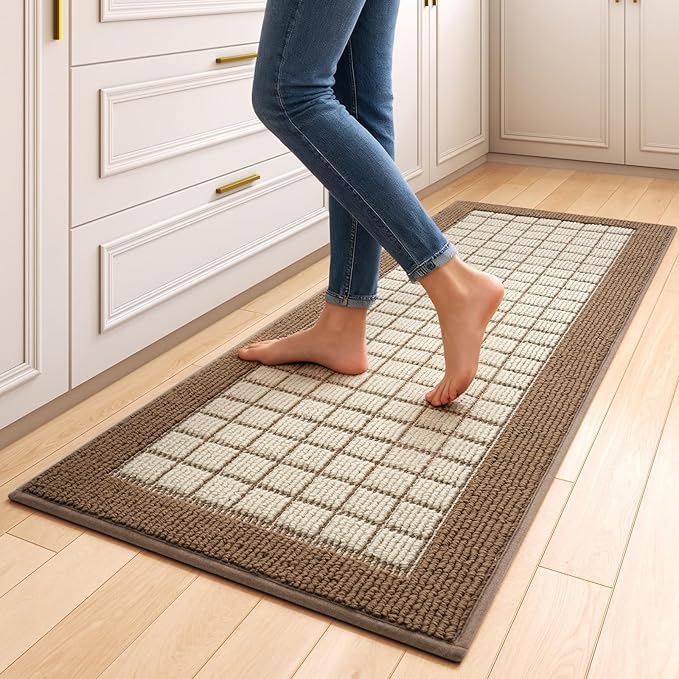 Kitchen Mats for Floor 17"x47", Non-Slip Washable Kitchen Rugs, Absorbent and Stain Resistant Kitchen Rug, Durable Comfortable Rugs for Kitchen, Hallway, Laundry & Sink, Brown
