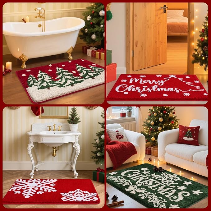 Christmas Bathroom Rug 2 Piece, Extra Soft Absorbent Microfiber Thick Plush Fluffy Bathroom Rugs, Non-Slip Backing, Machine Washable Bath Rugs, Holiday Xmas Decor Indoor Bath Mats, Green, Xmas Letters